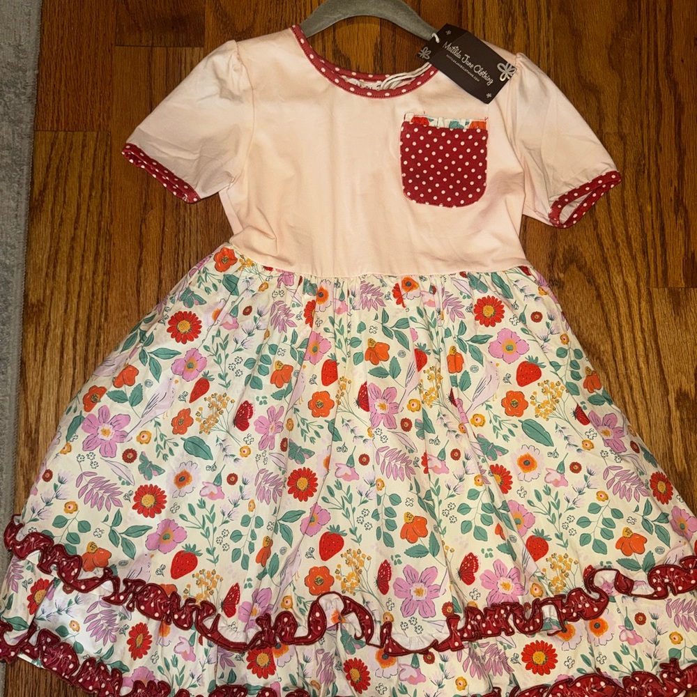 Matilda Jane Pink Top Floral Skirt Dress with Red Polka Dot Pocket
